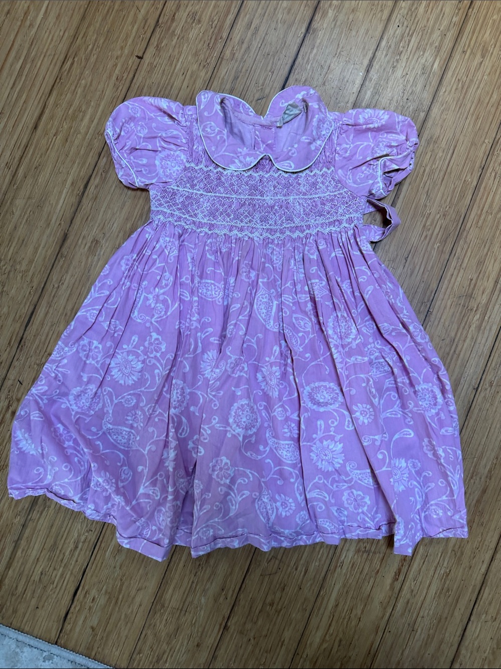 Girls Pink Smocked Floral Puff-Sleeve Dress